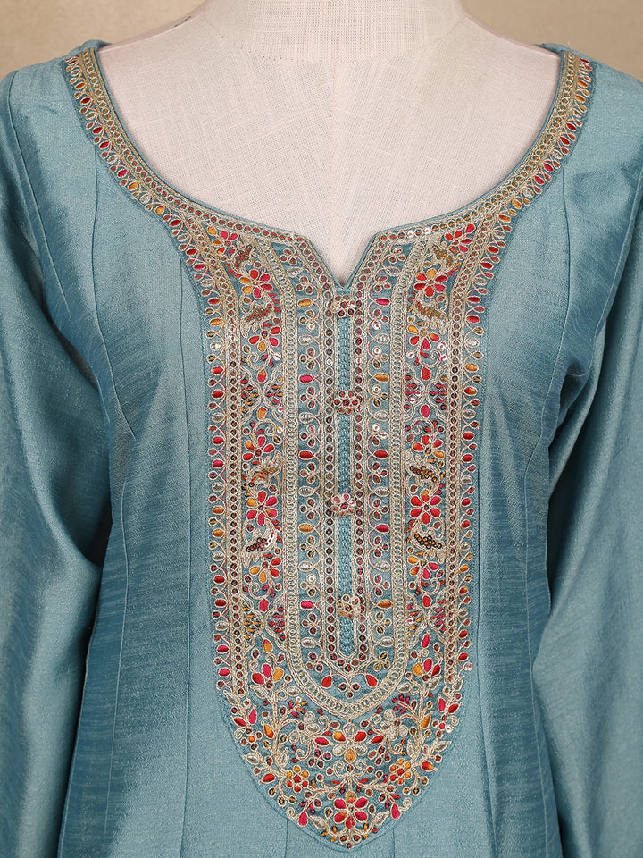 Light Blue Sequins Designed Floral Print Tussar Silk Salwar Suit - Diadem