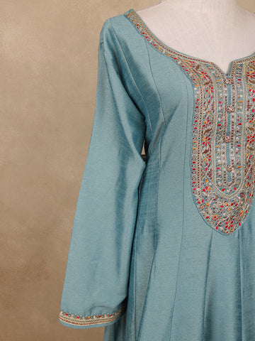 Light Blue Sequins Designed Floral Print Tussar Silk Salwar Suit - Diadem