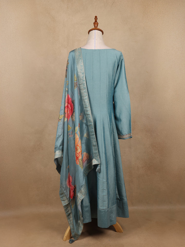 Light Blue Sequins Designed Floral Print Tussar Silk Salwar Suit - Diadem