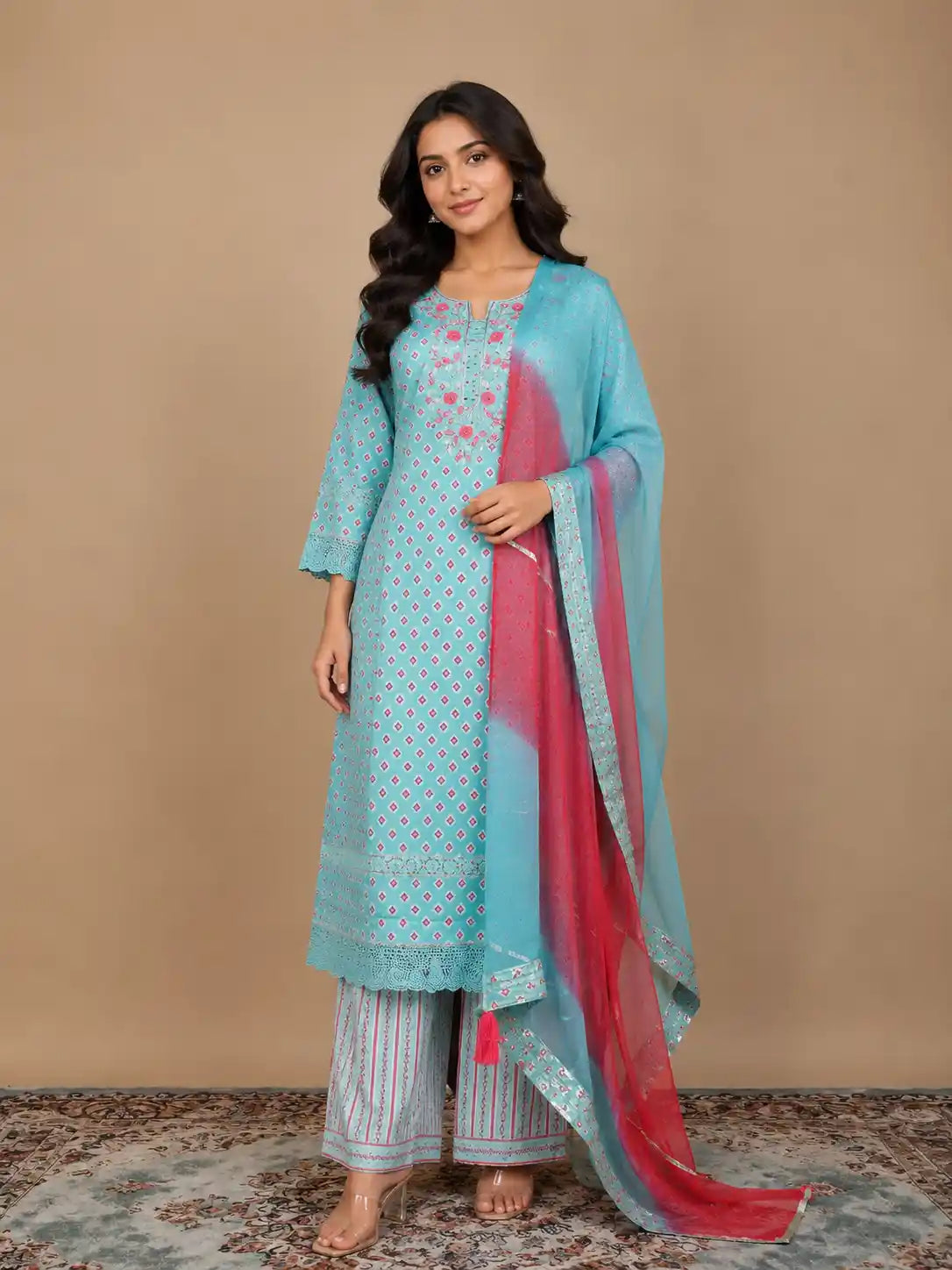 Light Blue Straight Cut Salwar Suit Adorned with Thread Work and Design Prints along with Dupatta
