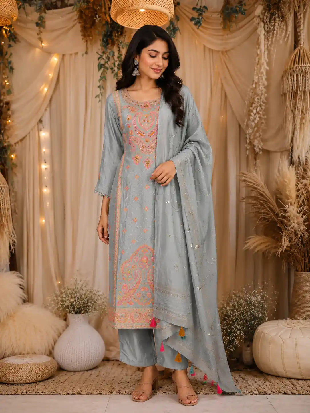 Light Blue Thread Embroidered Design Cotton Straight Cut Salwar Suit
