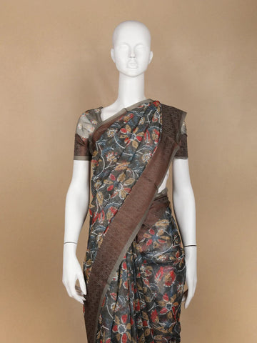 Light Brown Floral Designed Chanderi Cotton Saree - Diadem