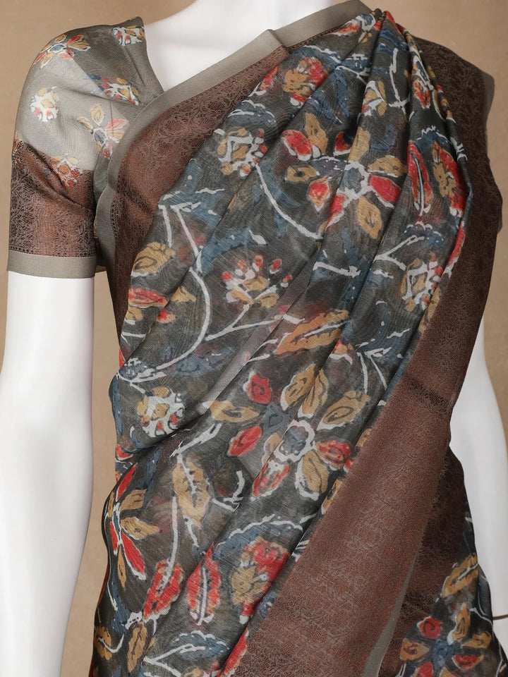 Light Brown Floral Designed Chanderi Cotton Saree - Diadem