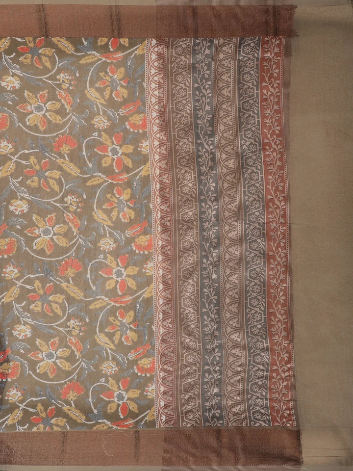 Light Brown Floral Designed Chanderi Cotton Saree - Diadem