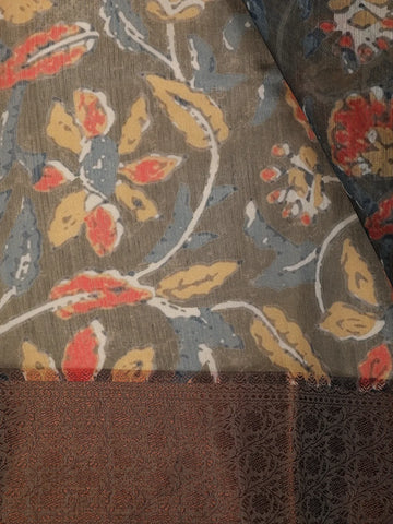 Light Brown Floral Designed Chanderi Cotton Saree - Diadem