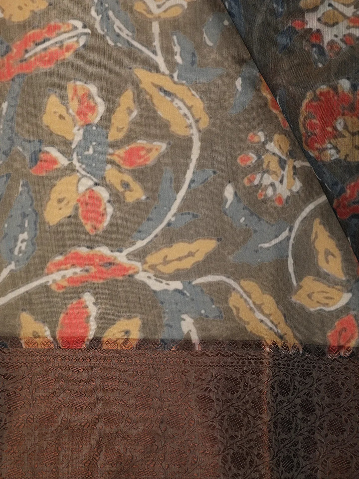 Light Brown Floral Designed Chanderi Cotton Saree - Diadem