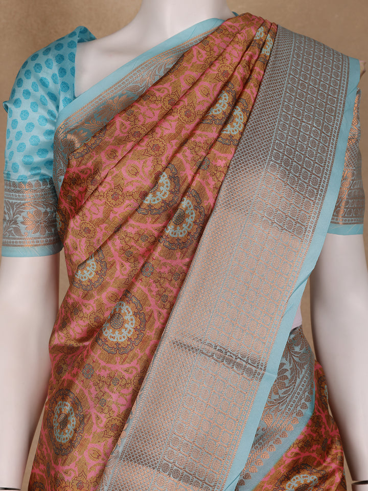 Light Brown Floral Designed Kora Printed Saree - Diadem