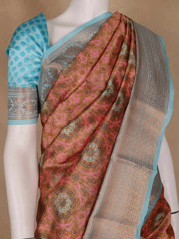 Light Brown Floral Designed Kora Printed Saree - Diadem