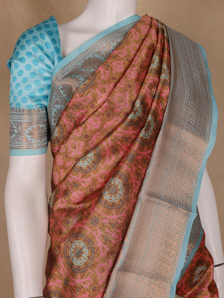 Light Brown Floral Designed Kora Printed Saree - Diadem