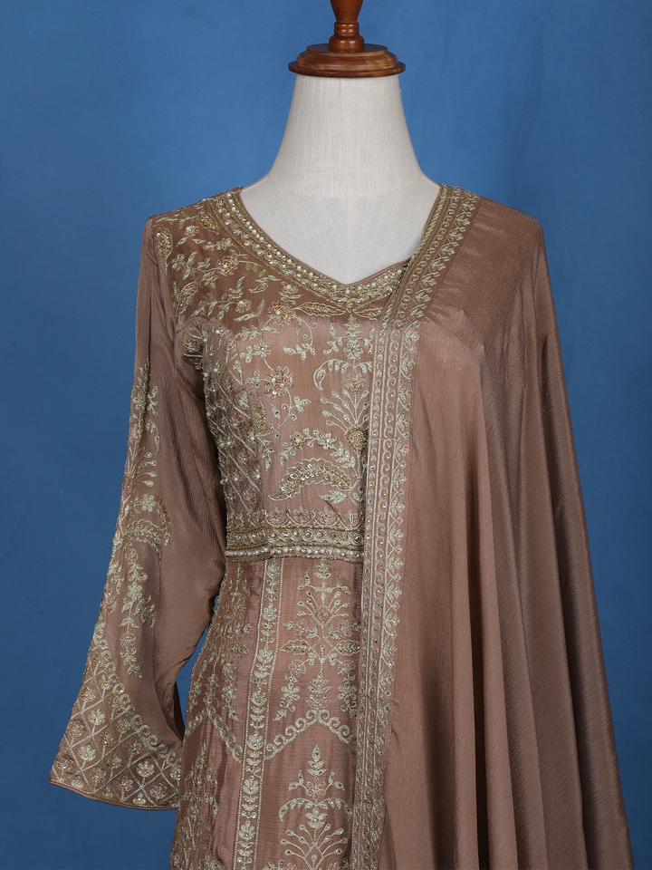 Light Brown Floral Embroidered Cotton Lehenga - Diadem