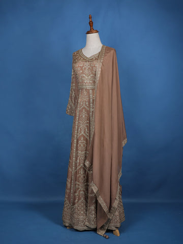 Light Brown Floral Embroidered Cotton Lehenga - Diadem