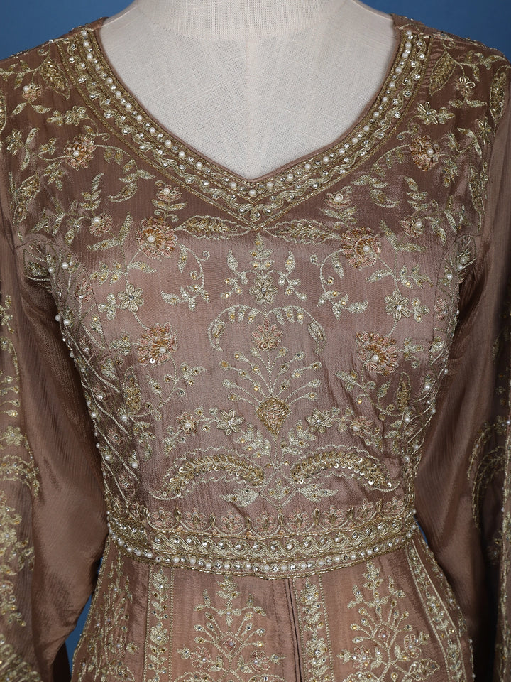 Light Brown Floral Embroidered Cotton Lehenga - Diadem