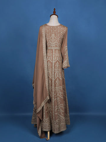 Light Brown Floral Embroidered Cotton Lehenga - Diadem