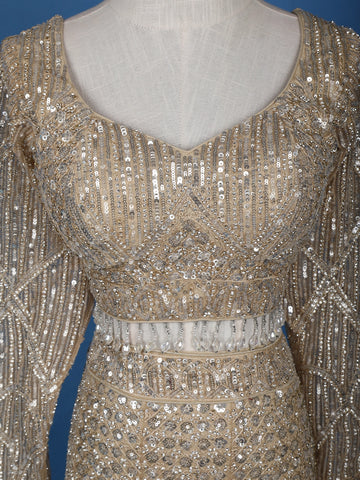 Light Brown Net Lehenga Embellished with Floral Sequins and Beads with Dupatta - Diadem