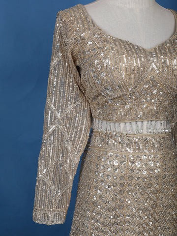 Light Brown Net Lehenga Embellished with Floral Sequins and Beads with Dupatta - Diadem