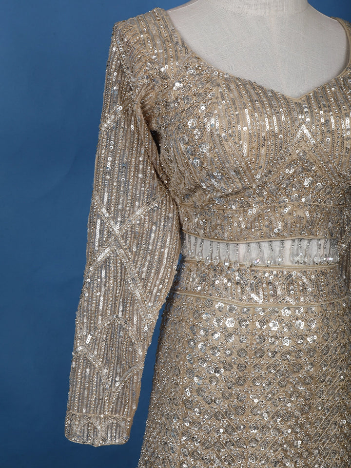 Light Brown Net Lehenga Embellished with Floral Sequins and Beads with Dupatta - Diadem