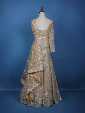 Light Brown Net Lehenga Embellished with Floral Sequins and Beads with Dupatta - Diadem