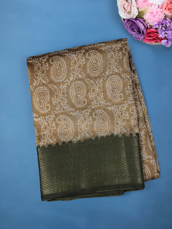 Light Brown Paisley Designed Fancy Cotton Saree - Diadem