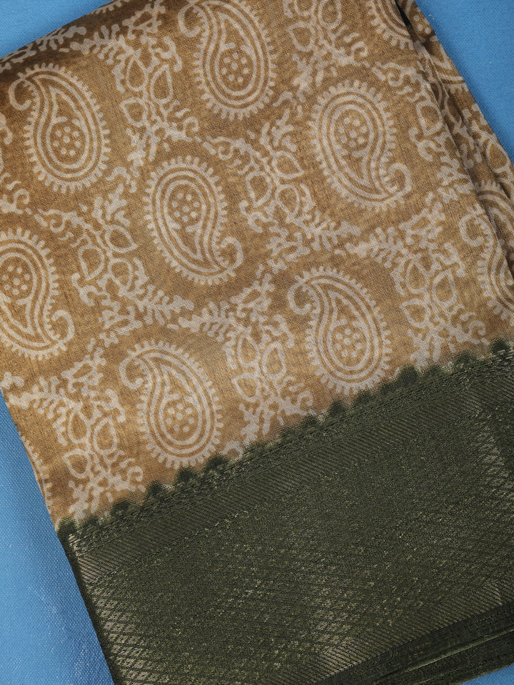 Light Brown Paisley Designed Fancy Cotton Saree - Diadem