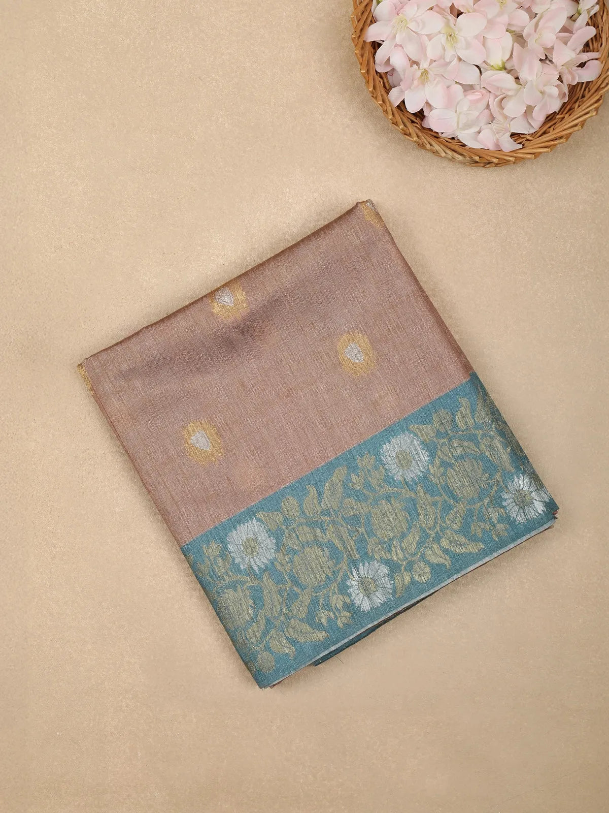 Light Brown Semi Tussar Silk Floral Designed Saree - Diadem