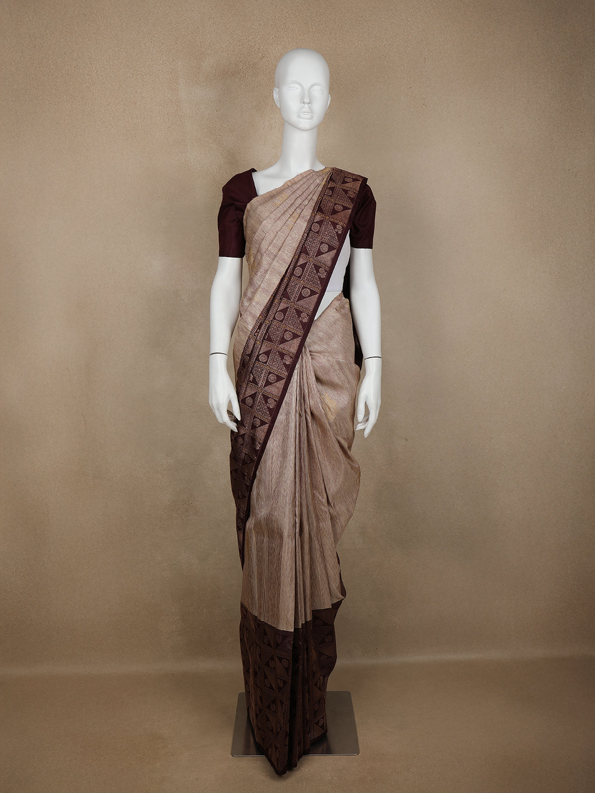 Light Brown Stripes And Floral Woven Pure Kanchipuram Silk Saree - Diadem
