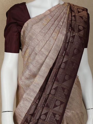 Light Brown Stripes And Floral Woven Pure Kanchipuram Silk Saree - Diadem