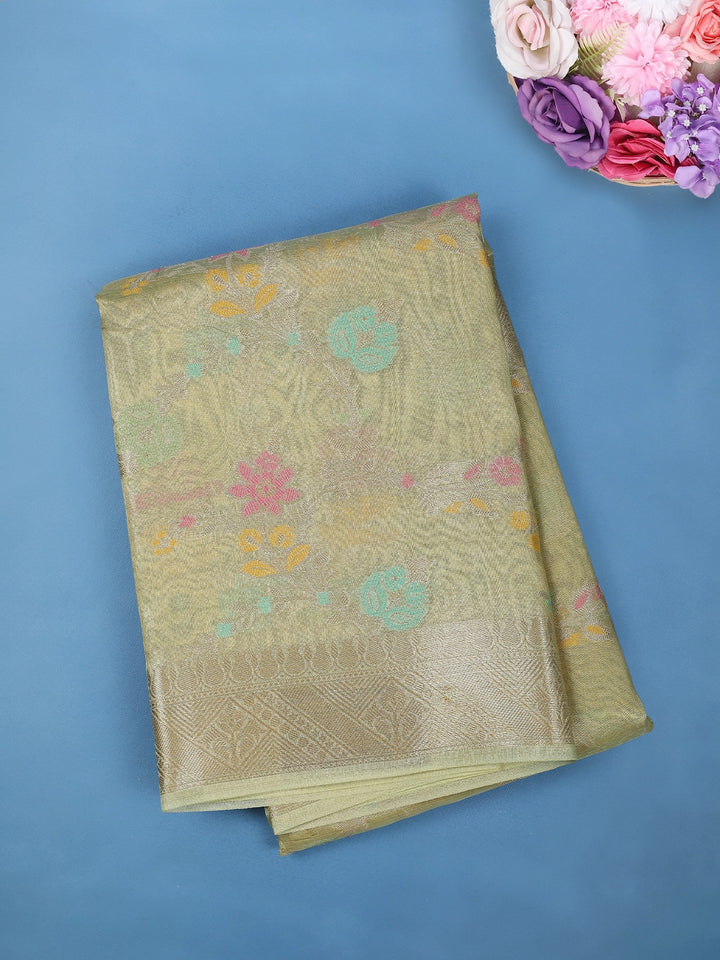 Light Green Floral Design Tissue Silk Saree - Diadem