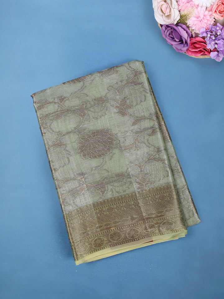 Light Green Floral Design Tissue Silk Saree - Diadem