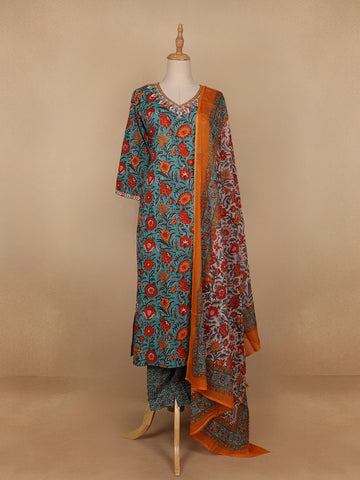 Light Green Floral Designed Cotton Salwar Suit - Diadem