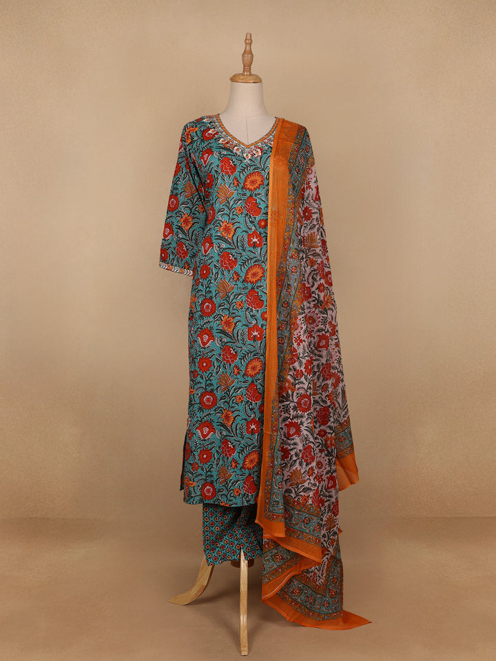 Light Green Floral Designed Cotton Salwar Suit - Diadem