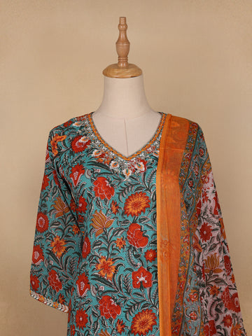 Light Green Floral Designed Cotton Salwar Suit - Diadem