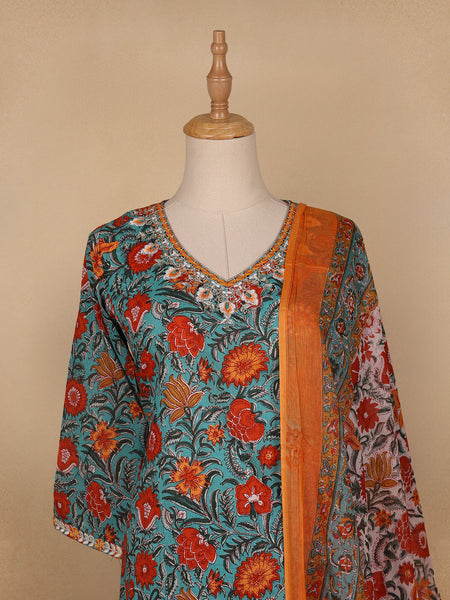 Light Green Floral Designed Cotton Salwar Suit - Diadem