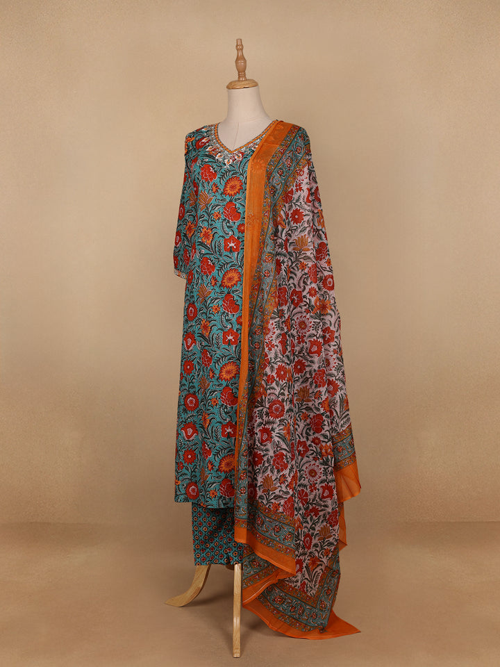 Light Green Floral Designed Cotton Salwar Suit - Diadem