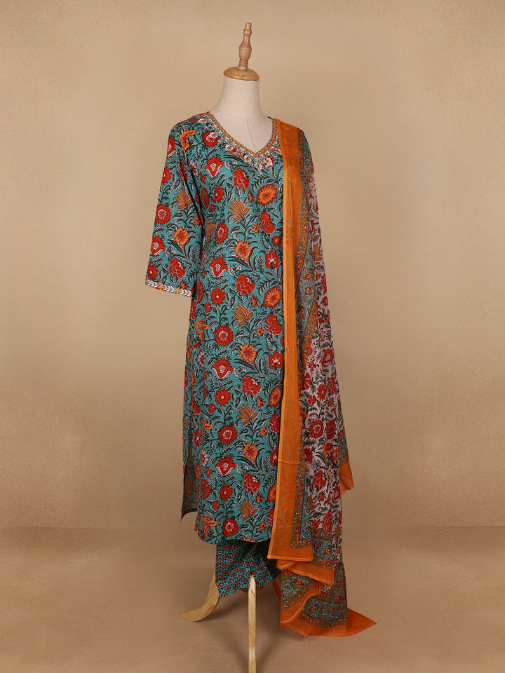 Light Green Floral Designed Cotton Salwar Suit - Diadem