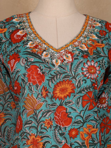 Light Green Floral Designed Cotton Salwar Suit - Diadem