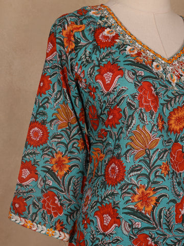 Light Green Floral Designed Cotton Salwar Suit - Diadem