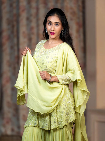 Light Green Floral Designed Georgette Sharara Salwar Suit - Diadem