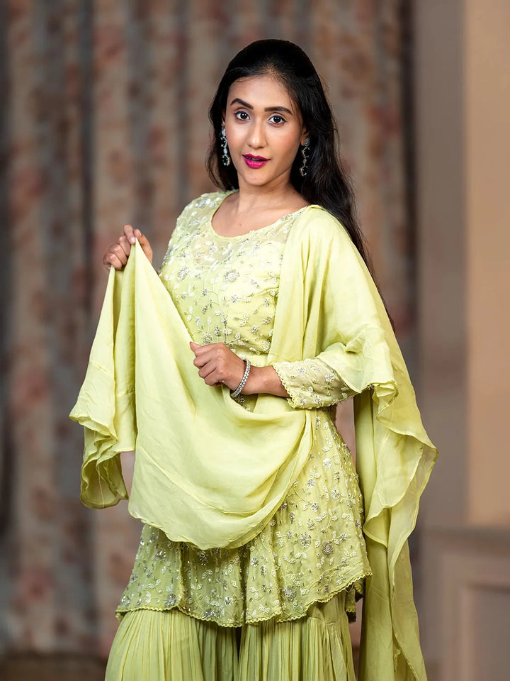 Light Green Floral Designed Georgette Sharara Salwar Suit - Diadem