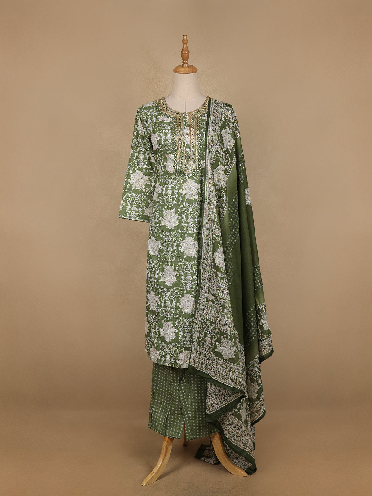 Light Green Floral Prints Cotton Straight Cut Salwar Suit - Diadem