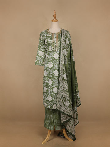 Light Green Floral Prints Cotton Straight Cut Salwar Suit - Diadem