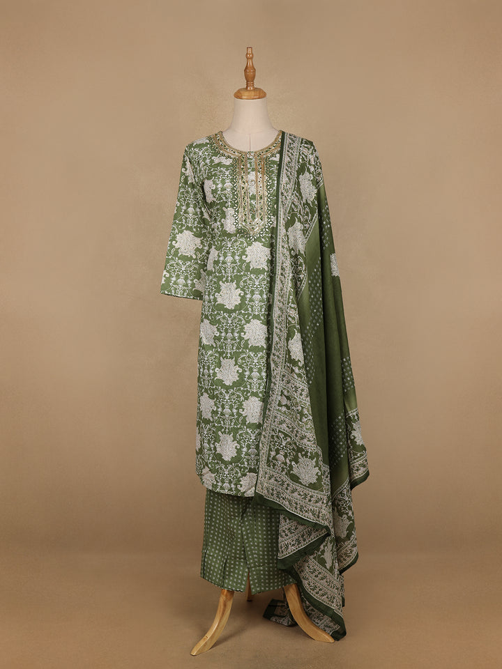 Light Green Floral Prints Cotton Straight Cut Salwar Suit - Diadem