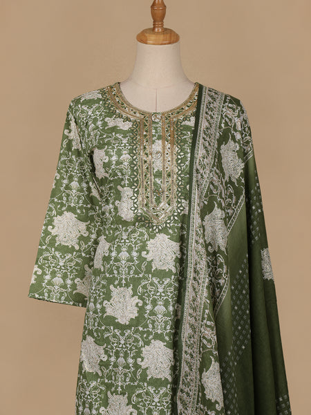 Light Green Floral Prints Cotton Straight Cut Salwar Suit - Diadem