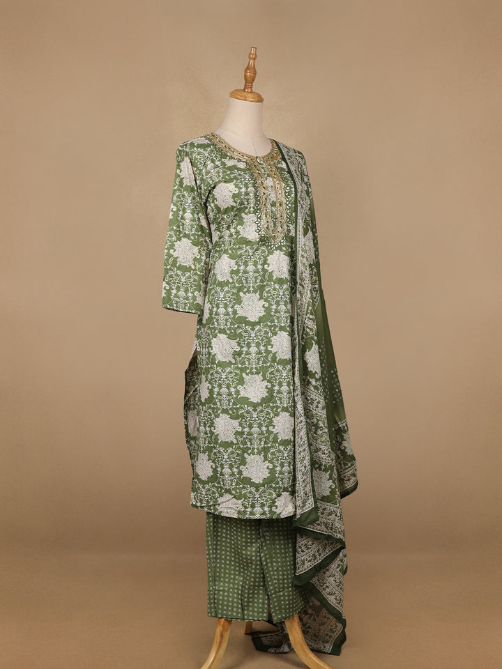 Light Green Floral Prints Cotton Straight Cut Salwar Suit - Diadem