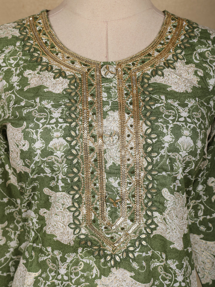Light Green Floral Prints Cotton Straight Cut Salwar Suit - Diadem