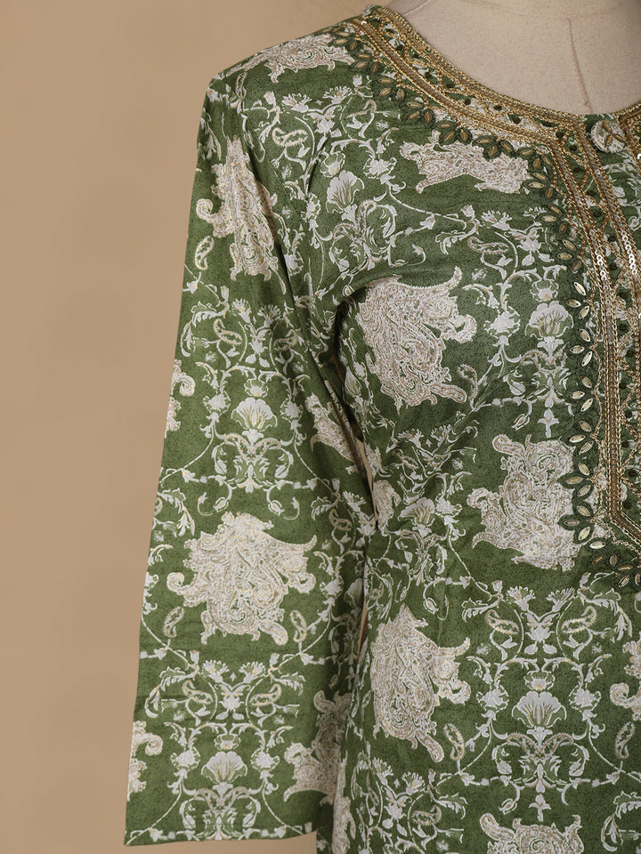 Light Green Floral Prints Cotton Straight Cut Salwar Suit - Diadem