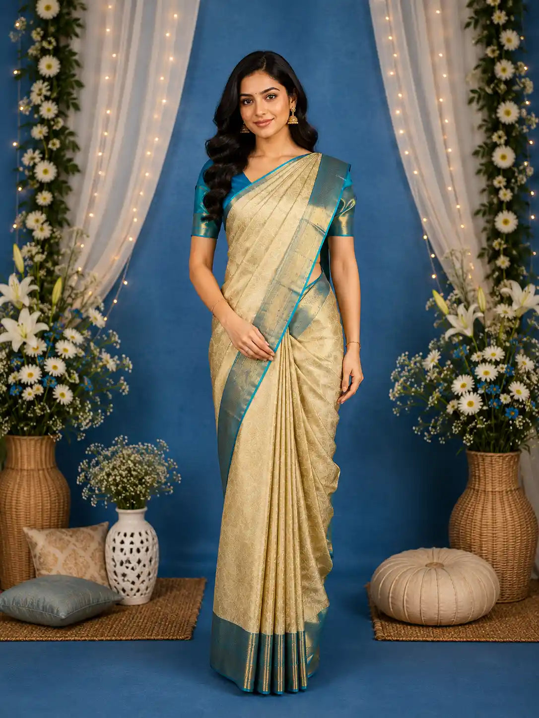Light Green Floral Woven Pure Kanchipuram Silk Saree with Zari Border