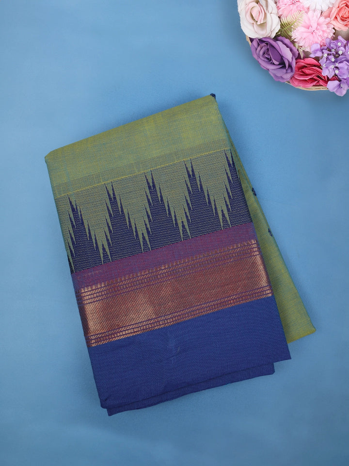 Light Green Ikat Design Cotton Saree with Copper Zari Border - Diadem