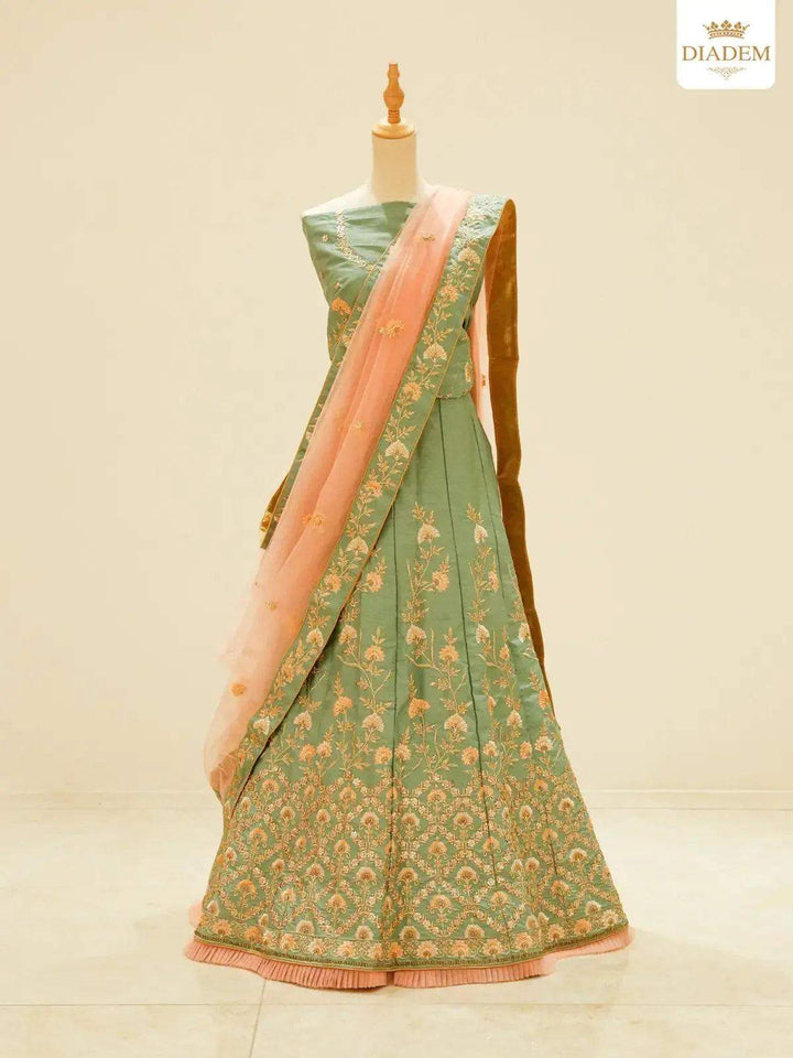 Light Green Raw Silk Embroidered Bridal Lehenga - Diadem