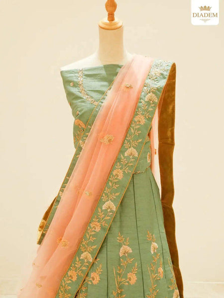Light Green Raw Silk Embroidered Bridal Lehenga - Diadem