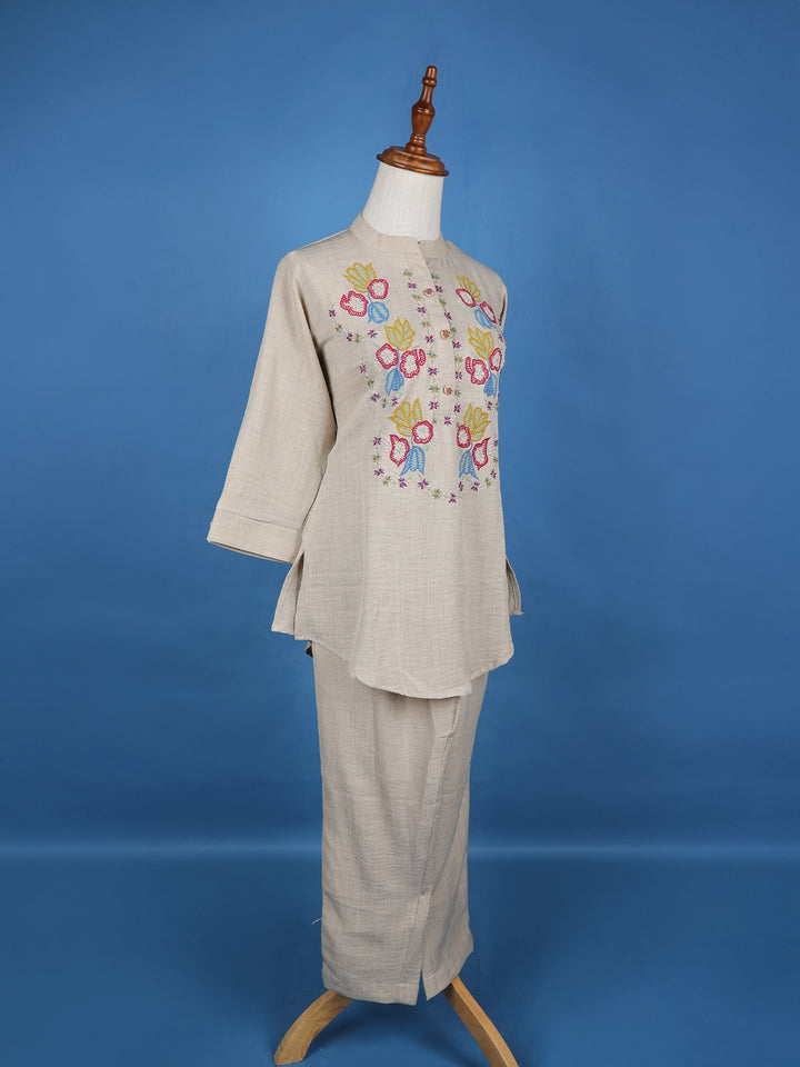 Light Grey Floral Designed Cotton Salwar Suit - Diadem